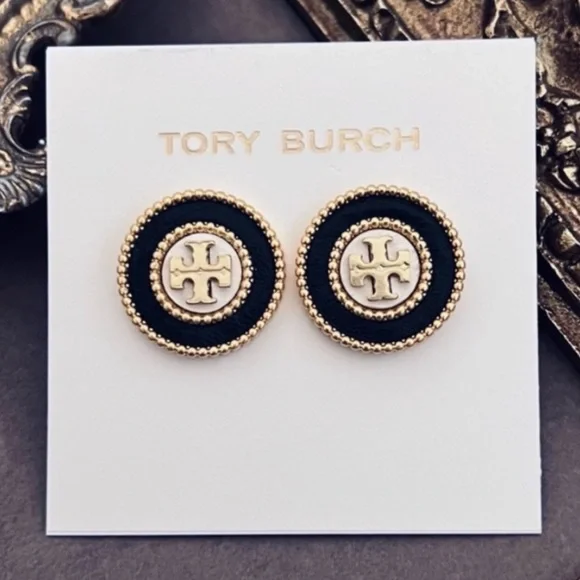 TORY BURCH • Black Milgrain Logo Stud Earrings - Picture 3 of 3